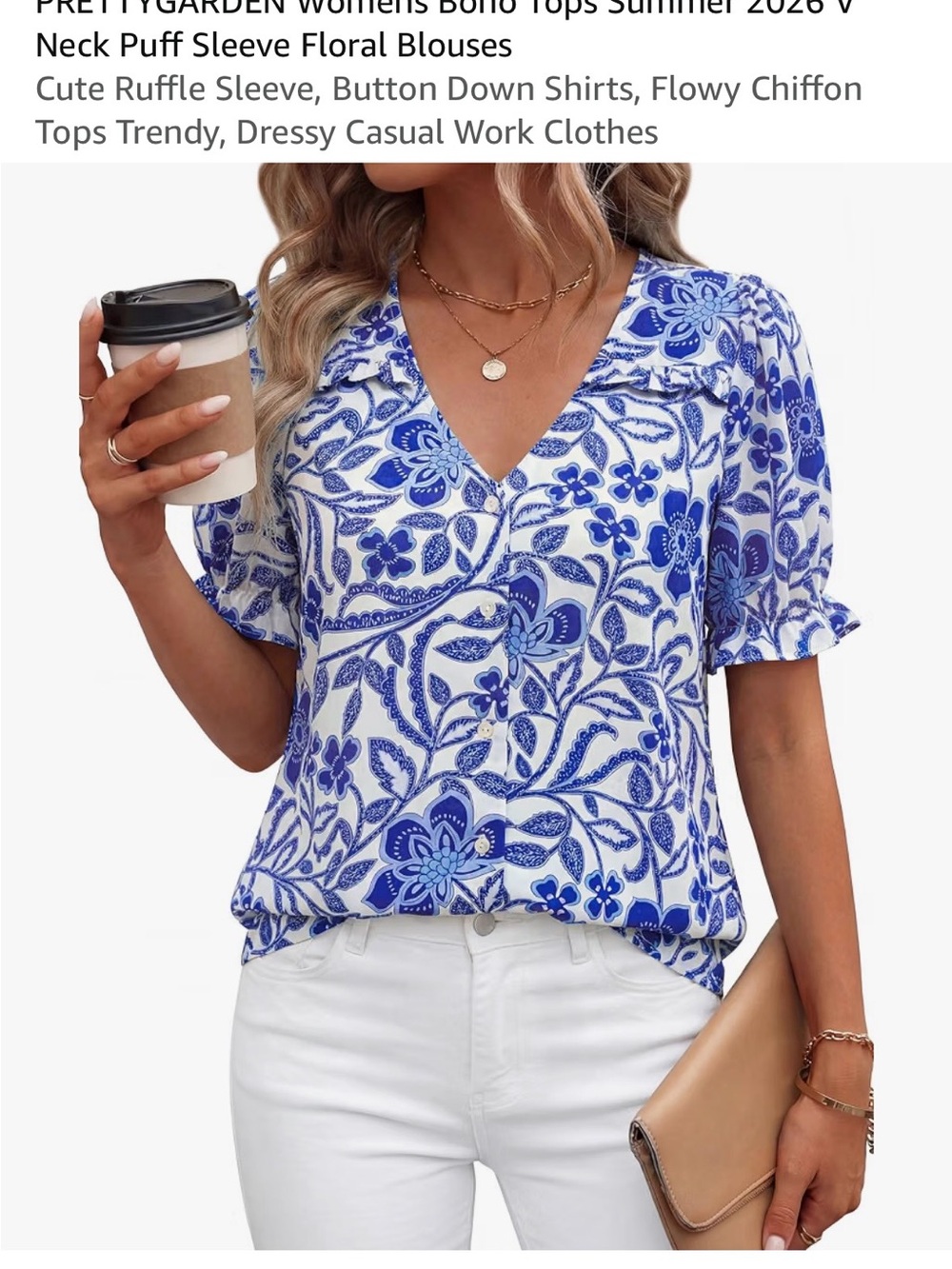 V-Neck Blue Floral Puff Sleeve Blouse